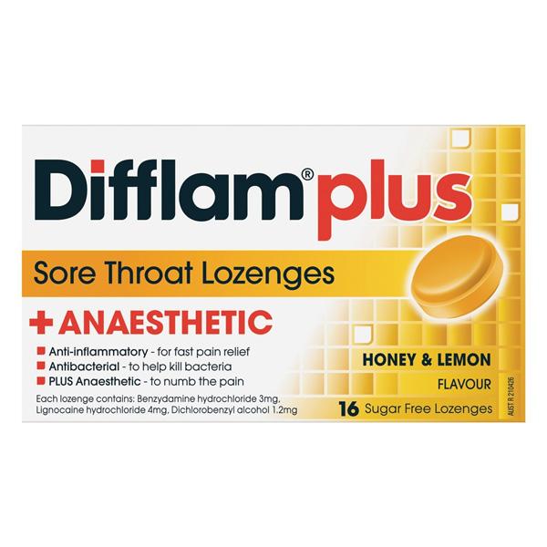 Difflam Plus Anaesthetic Lozenges Honey & Lemon 16s