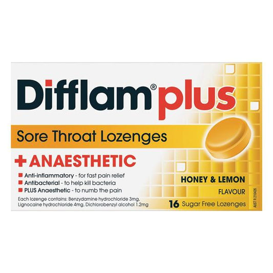Difflam Plus Anaesthetic Lozenges Honey & Lemon 16s
