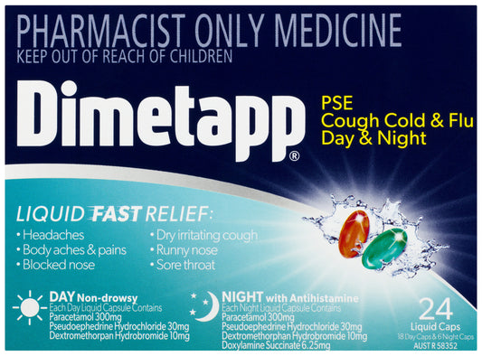 Dimetapp PSE Cough Cold & Flu Day & Night Liquid Caps 24 Pack